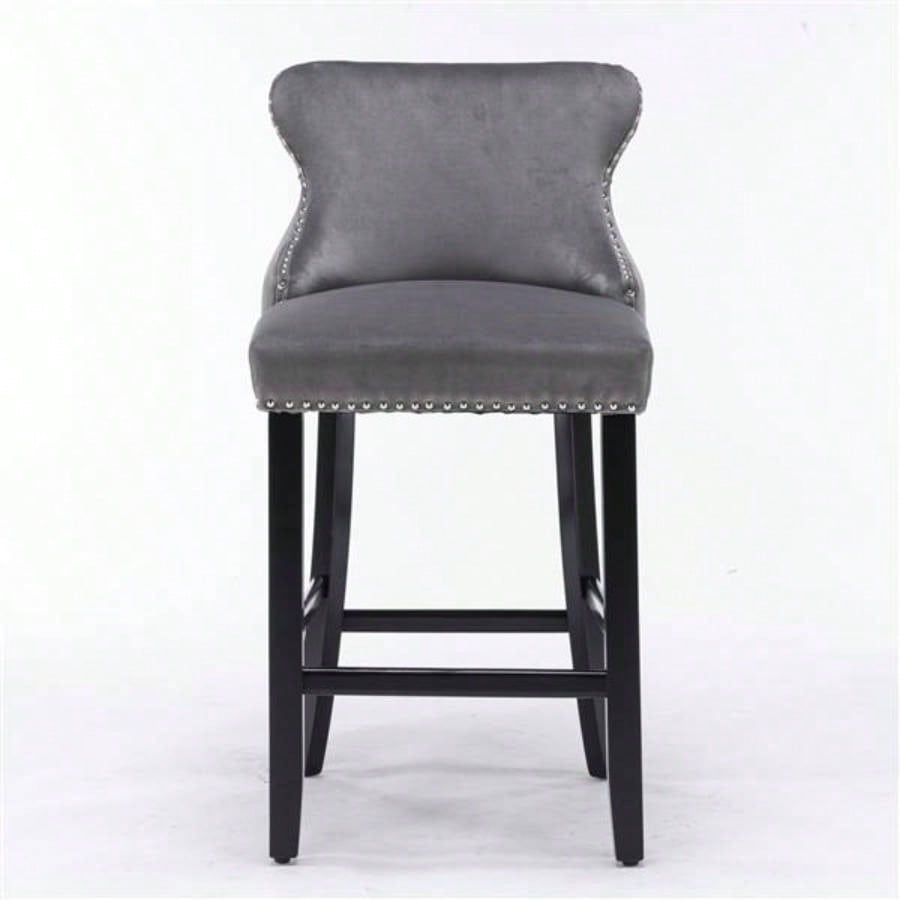 Furniture, Contemporary Velvet Upholstered Wing - Back Barstools with Button Tufted Decoration and Wooden, and Nailhead Trim, Leisure Style Bar Chairs, Bar stools, Set of 2 GraySW1824GY