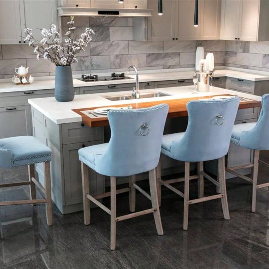 Contemporary Velvet Upholstered Barstools with Button Tufted Decoration and Wooden, and Nailhead Trim, Leisure Style Bar Chairs, Bar stools, Set of 2 Light BlueSW2002LB