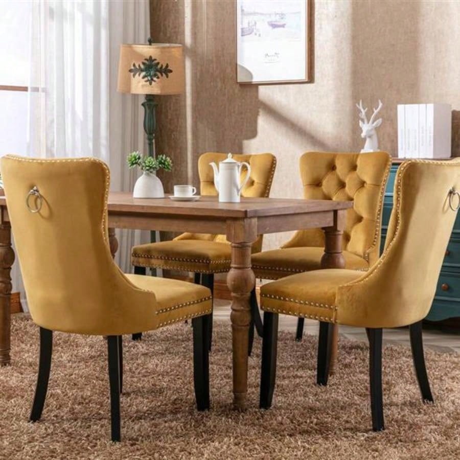 Modern, High - end Tufted Solid Wood Contemporary Velvet Upholstered Dining Chair with Wood Nailhead Trim 2 - Pcs Set, Gloden, SW2001GL