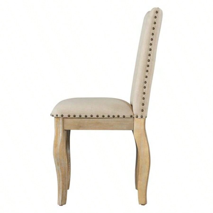 Set of 4 Dining chairs Wood Upholstered Fabirc Dining Room Chairs with Nailhead Natural Wood Wash