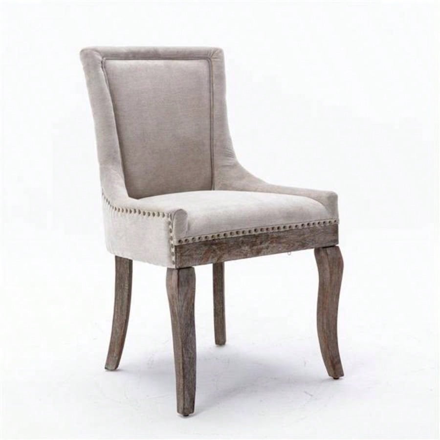 Furniture, Ultra Side Dining Chair Thickened fabric chairs with neutrally toned solid wood Bronze nail Set of 2 Beige