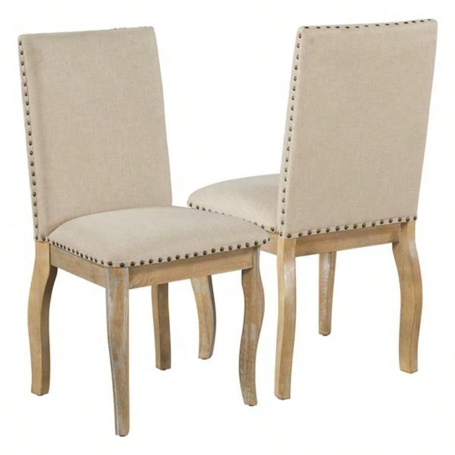 Set of 4 Dining chairs Wood Upholstered Fabirc Dining Room Chairs with Nailhead Natural Wood Wash