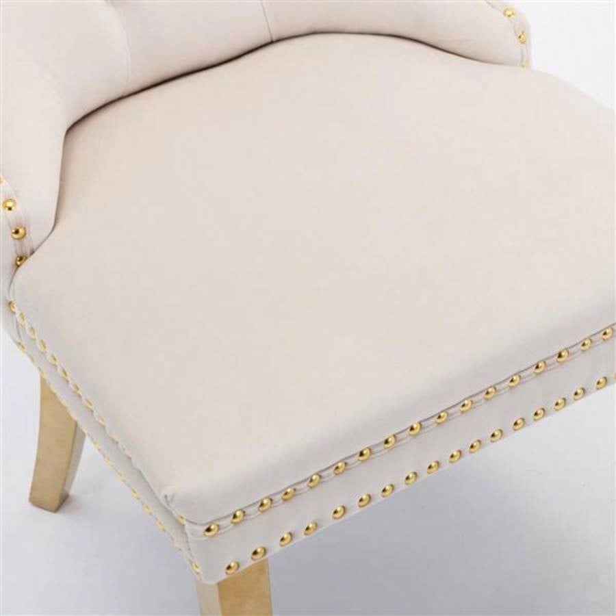 Furniture, Modern, High - end Tufted Solid Wood Contemporary Velvet Upholstered Dining Chair with Golden Stainless Steel Plating, Nailhead Trim, Set of 2, Beige and Gold