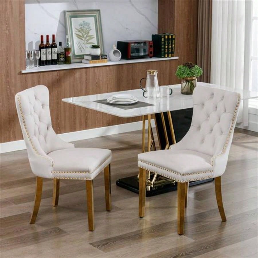 Furniture, Modern, High - end Tufted Solid Wood Contemporary Velvet Upholstered Dining Chair with Golden Stainless Steel Plating, Nailhead Trim, Set of 2, Beige and Gold