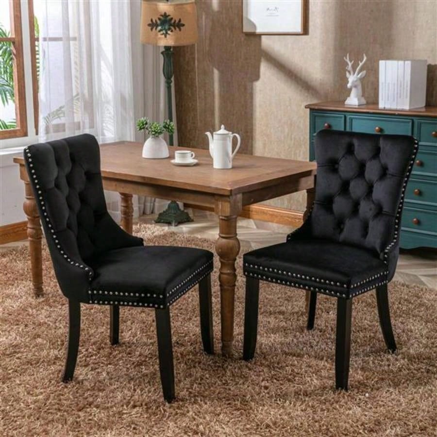 Modern, High - end Tufted Solid Wood Contemporary Velvet Upholstered Dining Chair with Wood Nailhead Trim 2 - Pcs Set, Black