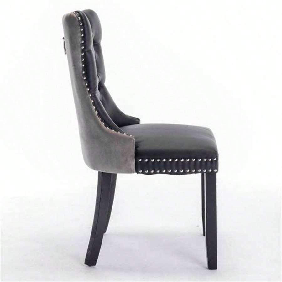 Furniture, Modern, High - end Tufted Solid Wood Contemporary PU and Velvet Upholstered Dining Chair with Wood Nailhead Trim 2 - Pcs Set Black+Gray, SW2101BG