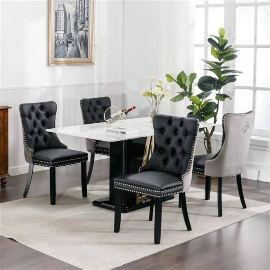 Furniture, Modern, High - end Tufted Solid Wood Contemporary PU and Velvet Upholstered Dining Chair with Wood Nailhead Trim 2 - Pcs Set Black+Gray, SW2101BG