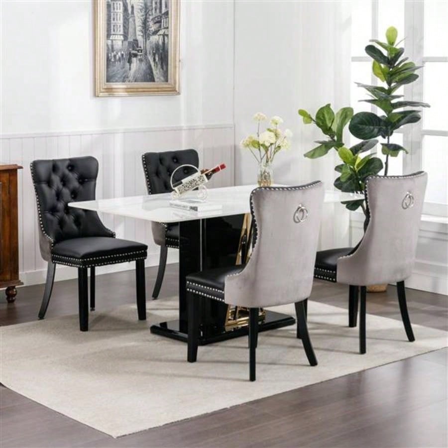 Furniture, Modern, High - end Tufted Solid Wood Contemporary PU and Velvet Upholstered Dining Chair with Wood Nailhead Trim 2 - Pcs Set Black+Gray, SW2101BG
