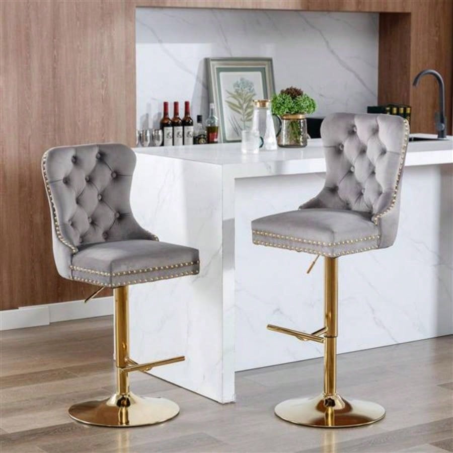 Furniture, Thick lden Swivel Velvet Barstools Adjusatble Height from 25 - 33 Inch, Modern Upholstered Bar Stools with Backs Comfortable Tufted Home Pub and Kitchen Island Gray, Set of 2