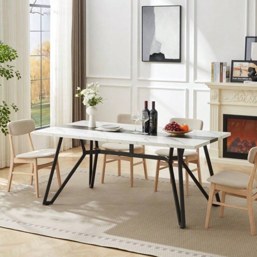 70.9Rectangular Large Dining Table, Marble Grain Waterproof Large Desk 8 People, Deluxe Family Dining Table with Adjustable Kitchen, Living Room, Office, White, 70.939; 39; 35.439; 39; Dx 30.039; 39; H