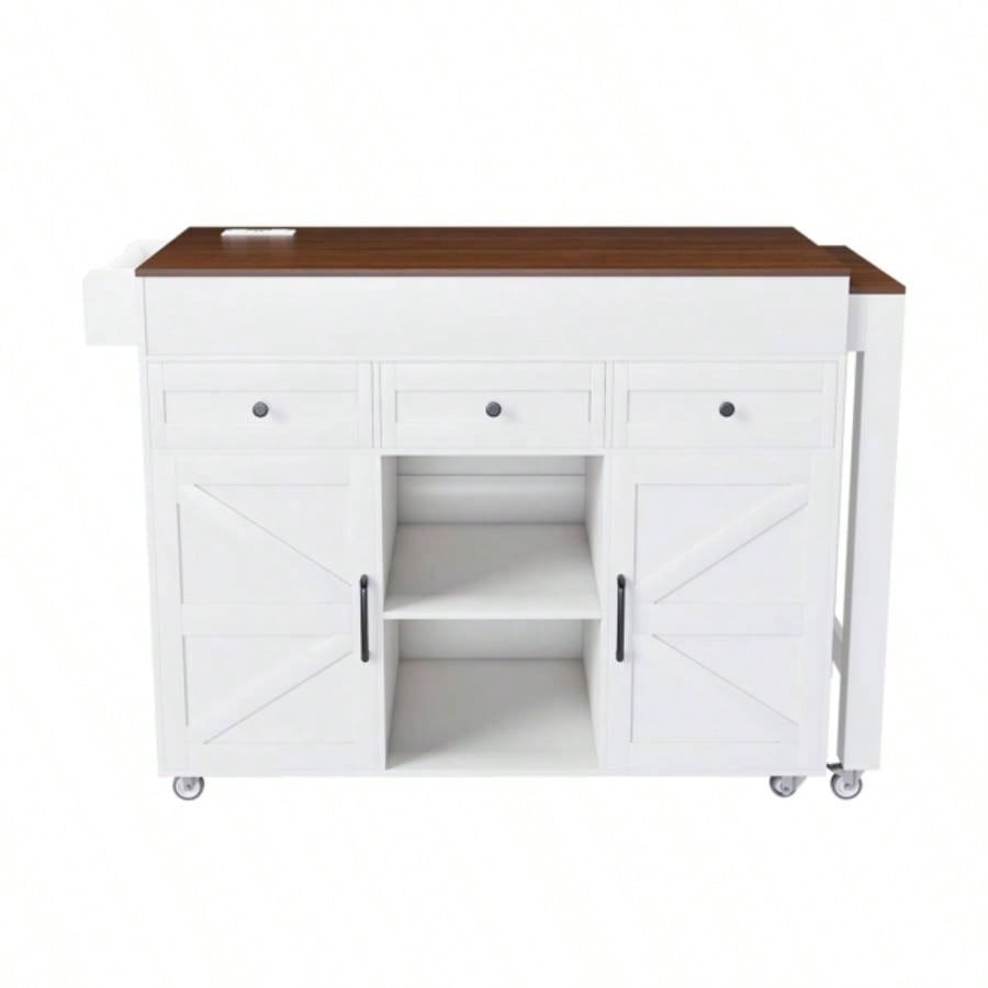 74.8 Kitchen Island with Extendable Dining Table Power Outlet - Rolling Storage Cart on Wheels with 3 Drawers 2 Door Cabinet Dining Room, White