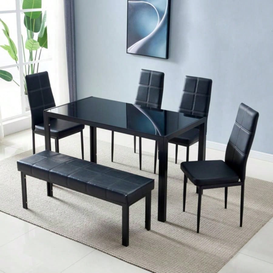 Simple Assembled Tempered Glass Iron Dinner Table Black code: 21491449