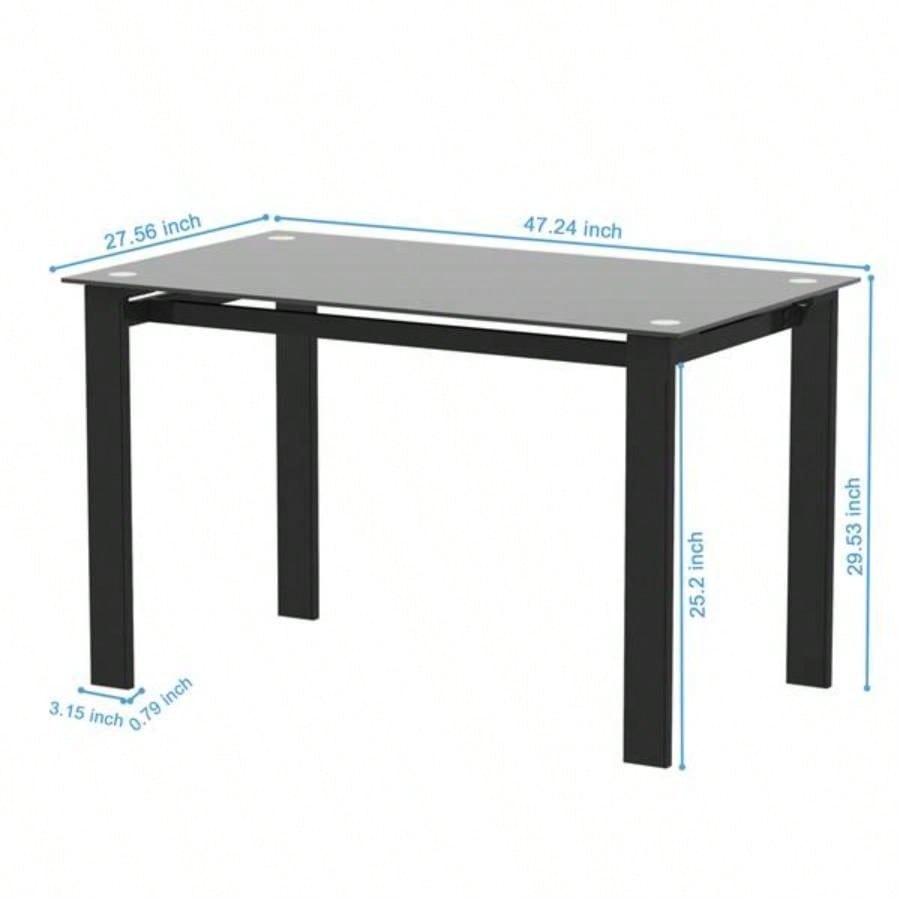 Modern tempered glass black dining table, simple rectangular metal table living room kitchen table