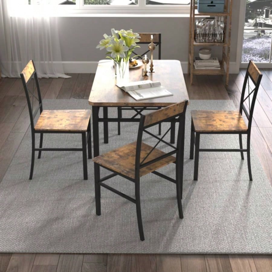 Dining Table Set 4, Wood Kitchen Table with Chairs Dinning Table Set Kitchen Dining Room, Compact Dining Set Small Spaces, Rustic Brown