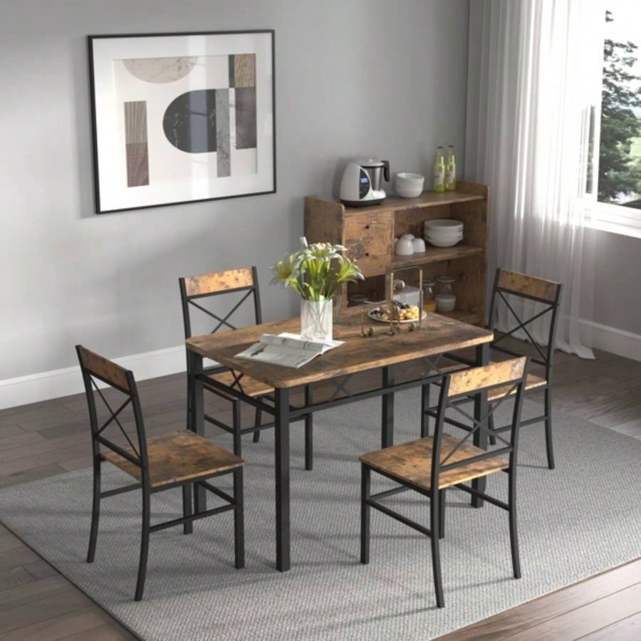 Dining Table Set 4, Wood Kitchen Table with Chairs Dinning Table Set Kitchen Dining Room, Compact Dining Set Small Spaces, Rustic Brown