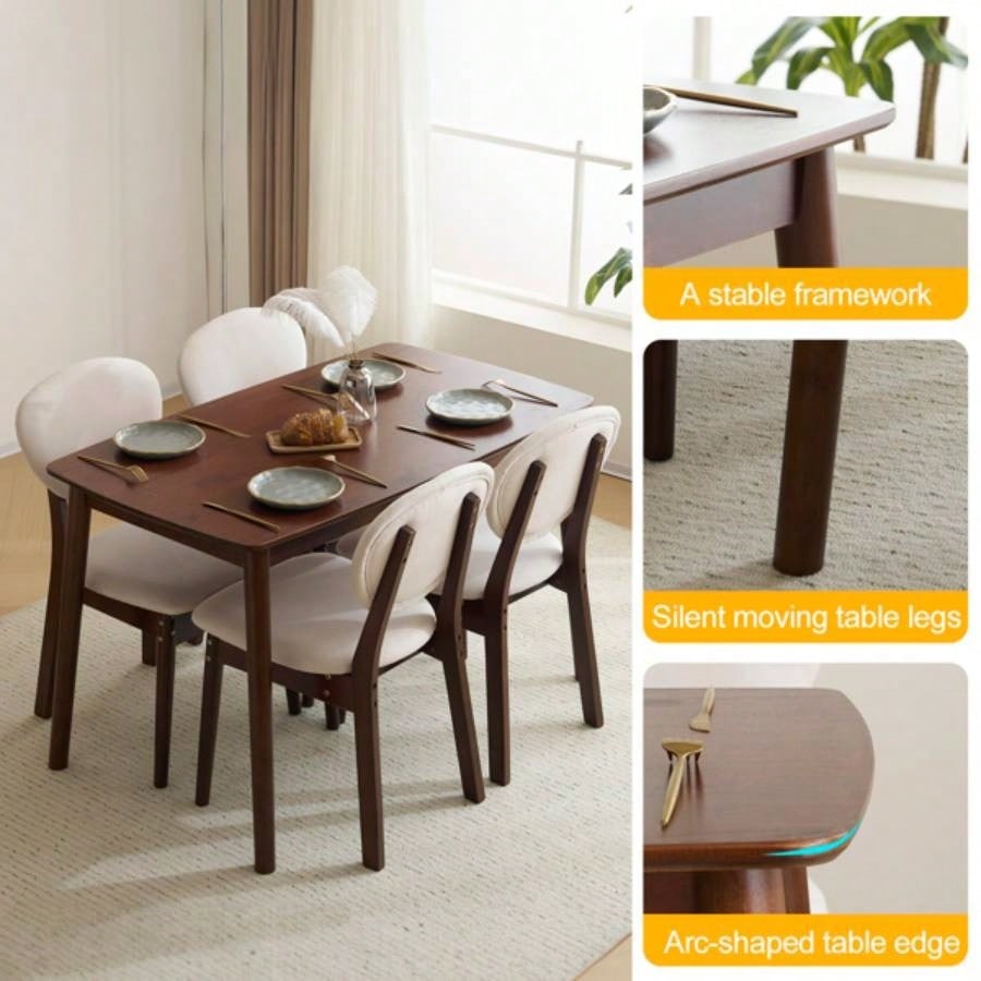 Rubber wood soft bag deep walnut dining table and chair set 1 table 4 chairs beige cushion rectangular