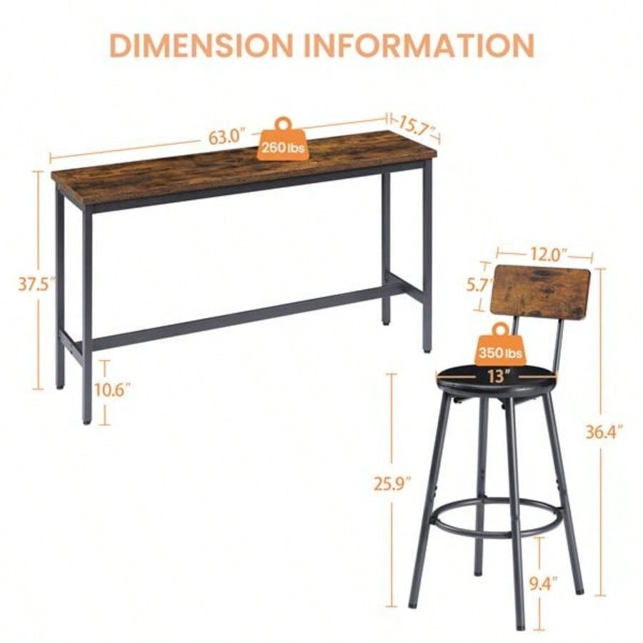 Long Bar Table Set with 3 PU Upholstered Bar Stools, Industrial Bar Table and Chairs Kitchen Breakfast Table, Living Room, Banquet Hall, Rustic Brown and Black, 63Lx15. 37.5H