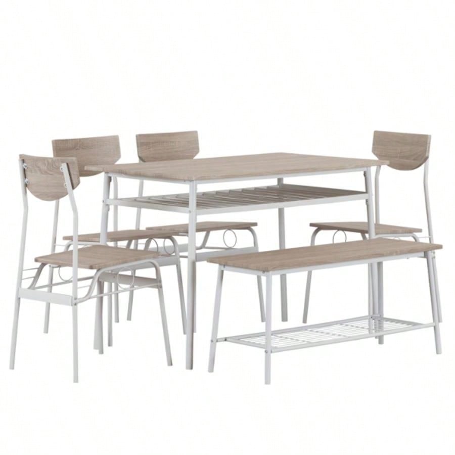 6 - Piece Modern Dining Set Home, Kitchen, Dining Room with Storage Racks, Rectangular Table, 4 Chairs, Steel Frame - White Oak Color