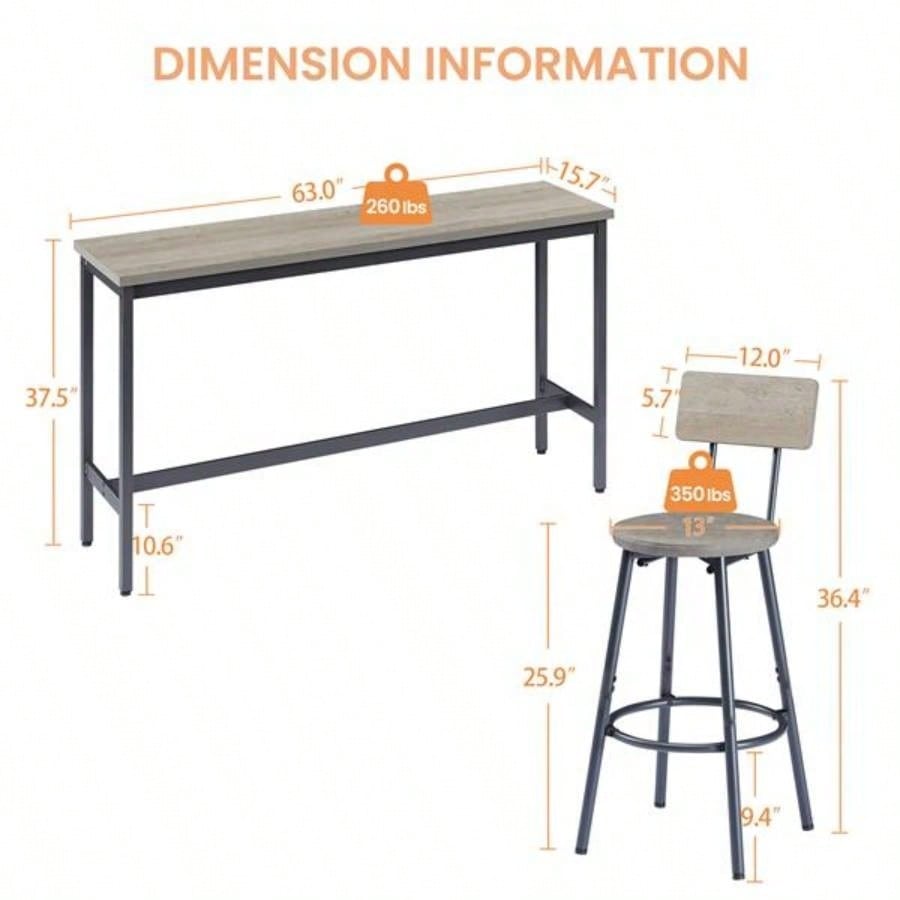 Long Bar Table Set with 3 PU Upholstered Bar Stools, Industrial Bar Table and Chairs Kitchen Breakfast Table, Living Room, Banquet Hall, Rustic Gray and Black, 63Lx15. 37.5H