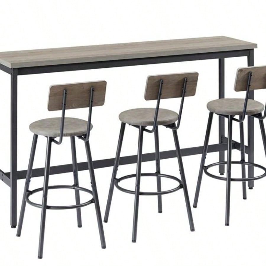 Long Bar Table Set with 3 PU Upholstered Bar Stools, Industrial Bar Table and Chairs Kitchen Breakfast Table, Living Room, Banquet Hall, Rustic Gray and Black, 63Lx15. 37.5H