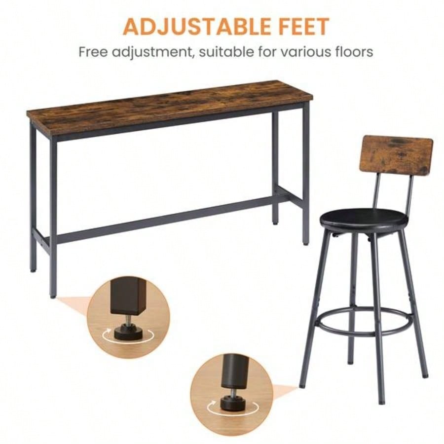 Long Bar Table Set with 3 PU Upholstered Bar Stools, Industrial Bar Table and Chairs Kitchen Breakfast Table, Living Room, Banquet Hall, Rustic Brown and Black, 63Lx15. 37.5H
