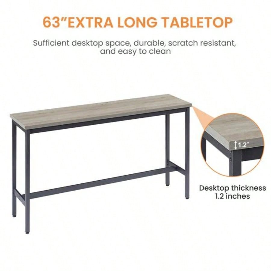 Long Bar Table Set with 3 PU Upholstered Bar Stools, Industrial Bar Table and Chairs Kitchen Breakfast Table, Living Room, Banquet Hall, Rustic Gray and Black, 63Lx15. 37.5H
