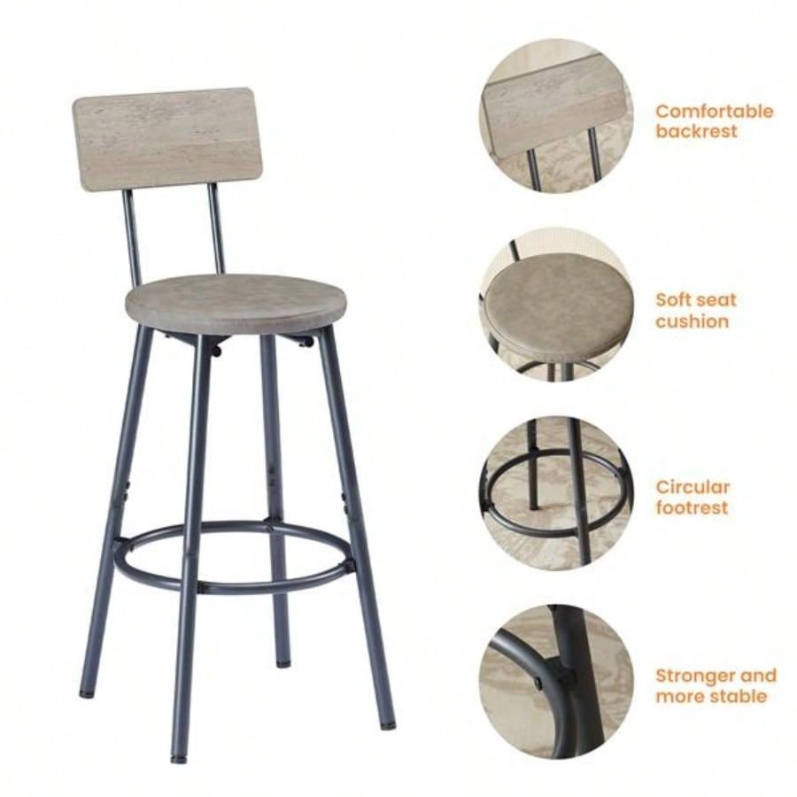 Long Bar Table Set with 3 PU Upholstered Bar Stools, Industrial Bar Table and Chairs Kitchen Breakfast Table, Living Room, Banquet Hall, Rustic Gray and Black, 63Lx15. 37.5H