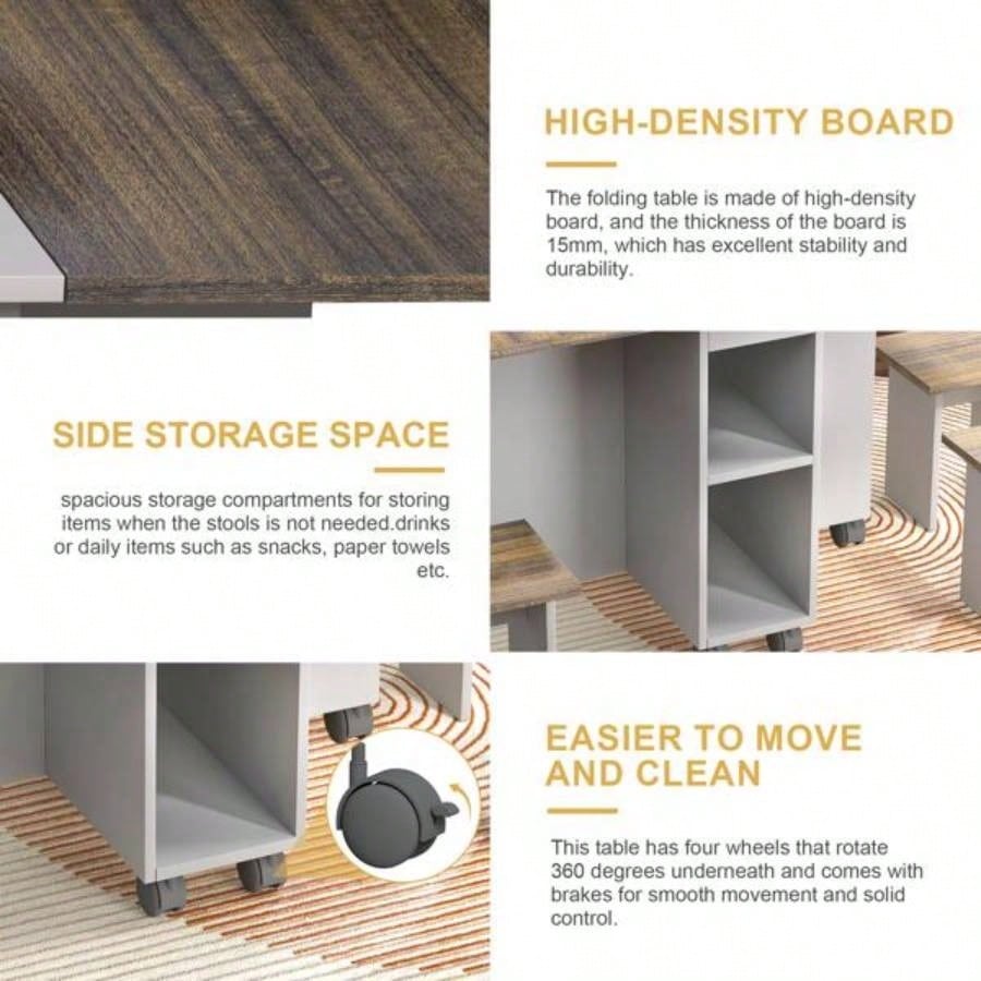 5 Pieces Folding Extendable Dining Table Set with 4 Chairs 4 Peoples, 5539; 39; Drop Leaf Wood Kitchen Dining Room Table Set with Storage and 6 Wheels Small Space Saving, Brown