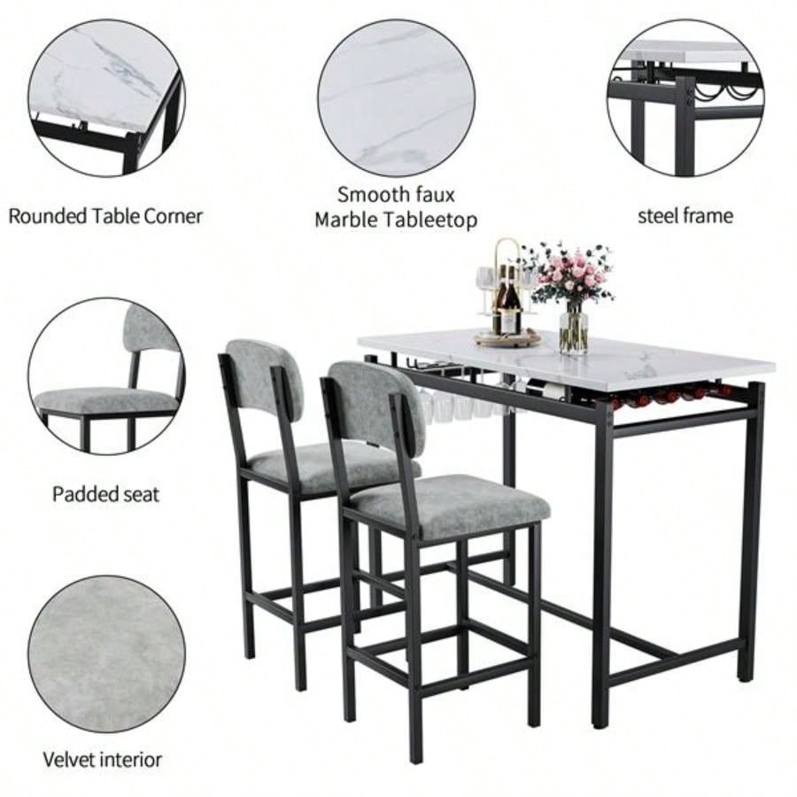 Kitchen Table Set, Dining Table and Chairs 2, 3 Piece Dining Room Table Set with 2 Upholstered Chairs, Bar Dining Table Set Small Spaces, Apartment, Breakfast, Pub, Rustic Black
