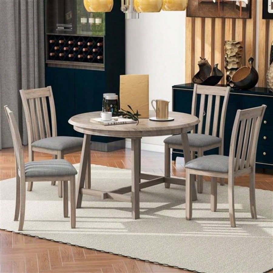 5 - Piece Wood Dining Table Set Round Extendable Dining Table with 4 Dining Chairs, Dining Room Table Set 4 person Dining Room Natural Wood Wash
