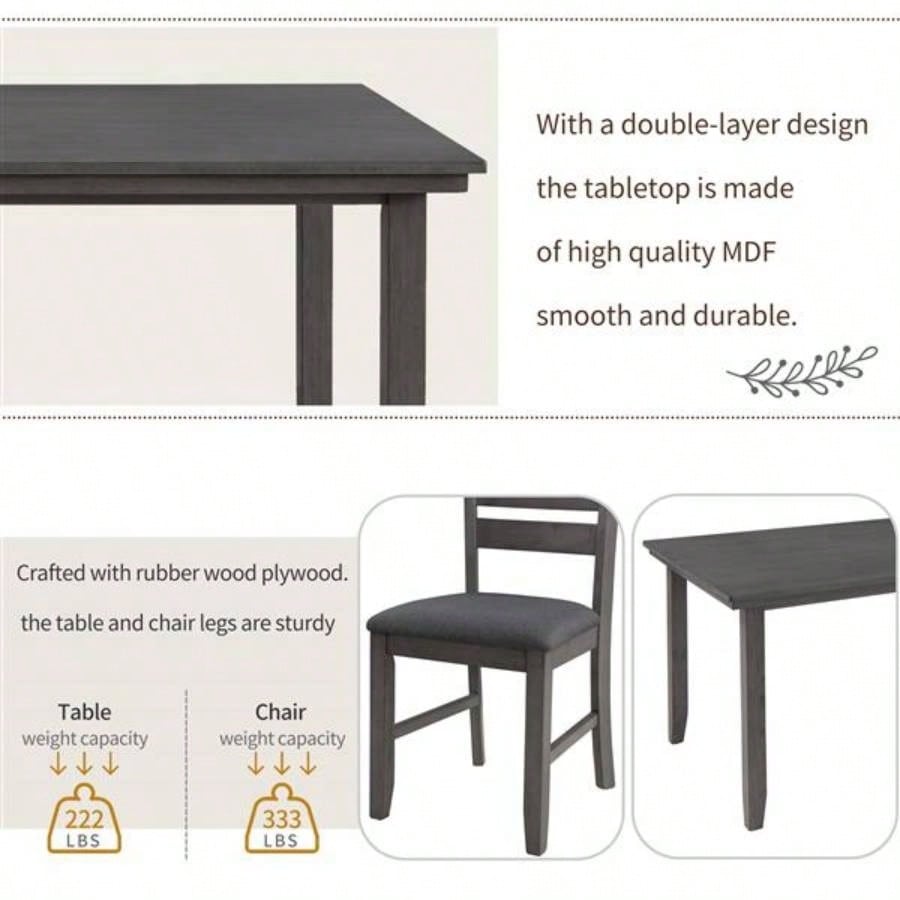 Dining Room Table and Chairs with, Rustic Wood Dining Set, Set of 6 Gray