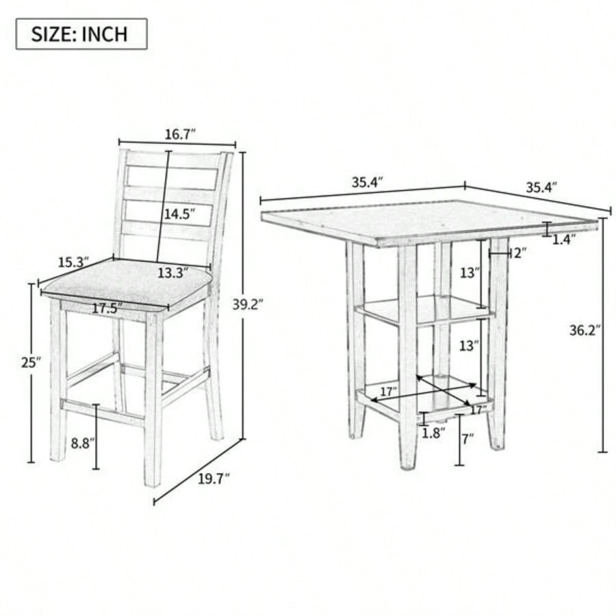 5 - Piece Wooden Counter Height Dining Set with Padded Chairs and Storage Shelving Gray