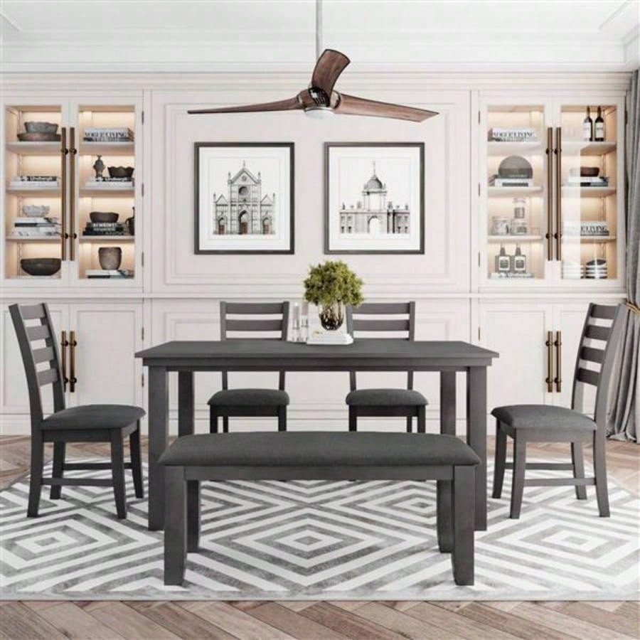 Dining Room Table and Chairs with, Rustic Wood Dining Set, Set of 6 Gray