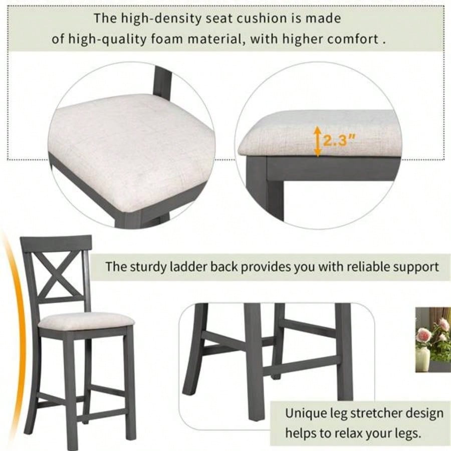 6 - Piece Counter Height Dining Table Set Table with Shelf 4 Chairs and Dining Room Gray