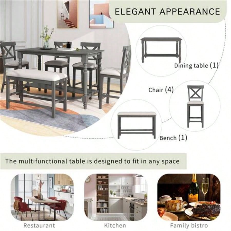 6 - Piece Counter Height Dining Table Set Table with Shelf 4 Chairs and Dining Room Gray