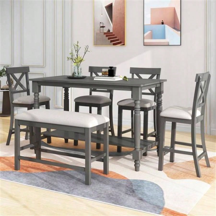 6 - Piece Counter Height Dining Table Set Table with Shelf 4 Chairs and Dining Room Gray