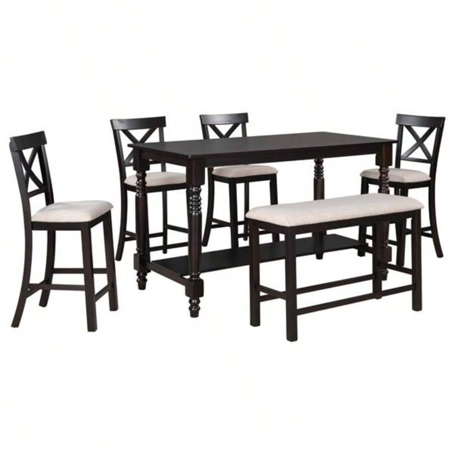6 - Piece Counter Height Dining Table Set Table with Shelf 4 Chairs and Dining Room Espresso
