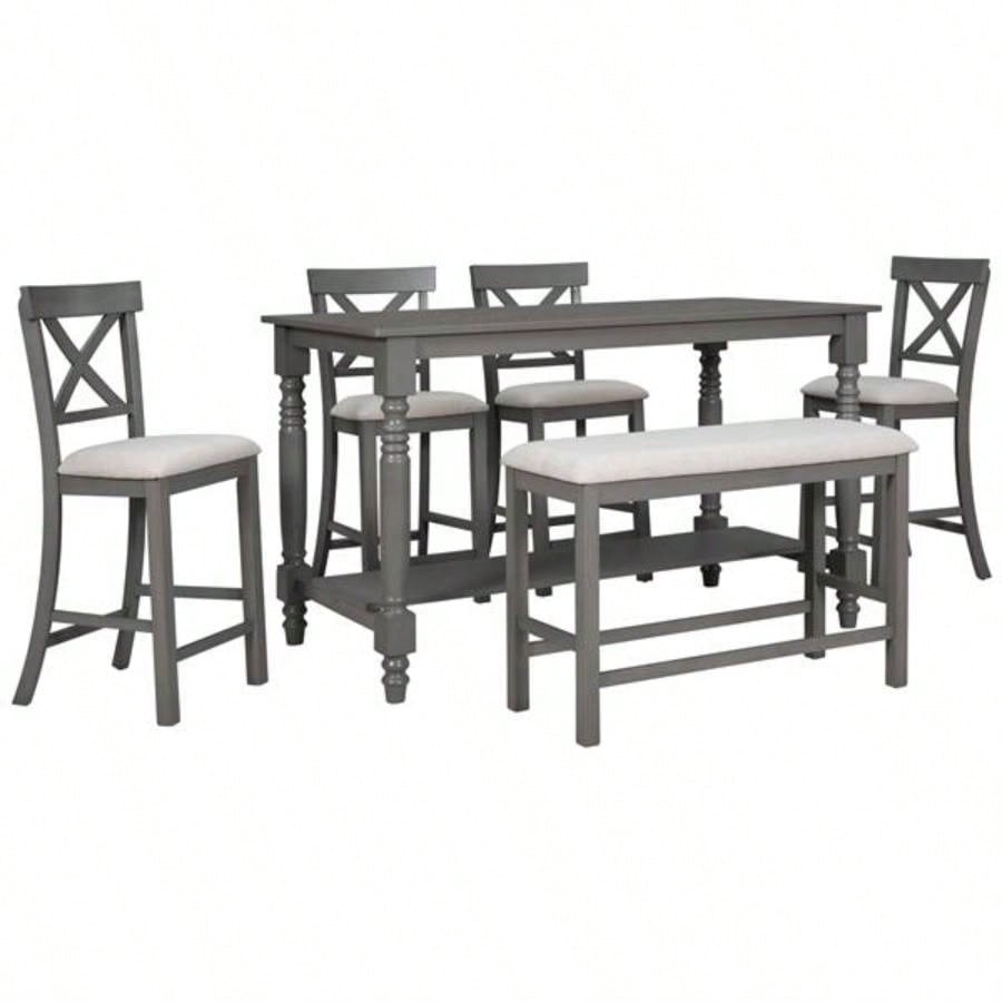 6 - Piece Counter Height Dining Table Set Table with Shelf 4 Chairs and Dining Room Gray