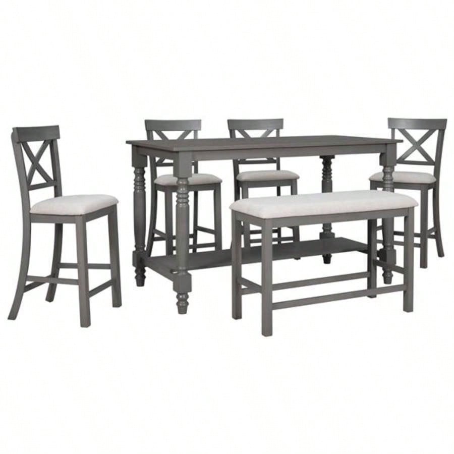6 - Piece Counter Height Dining Table Set Table with Shelf 4 Chairs and Dining Room Gray