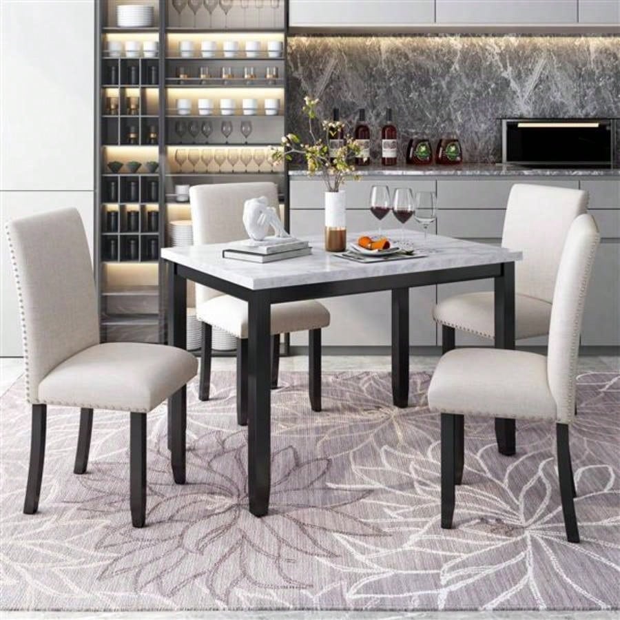 Faux Marble 5 - Piece Dining Set Table with 4 Thicken Cushion Dining Chairs Home Furniture, White/Beige+Black