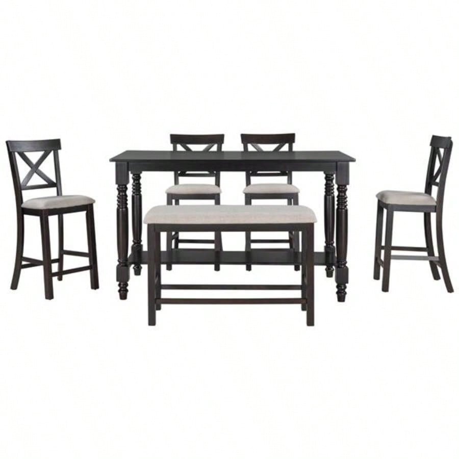6 - Piece Counter Height Dining Table Set Table with Shelf 4 Chairs and Dining Room Espresso