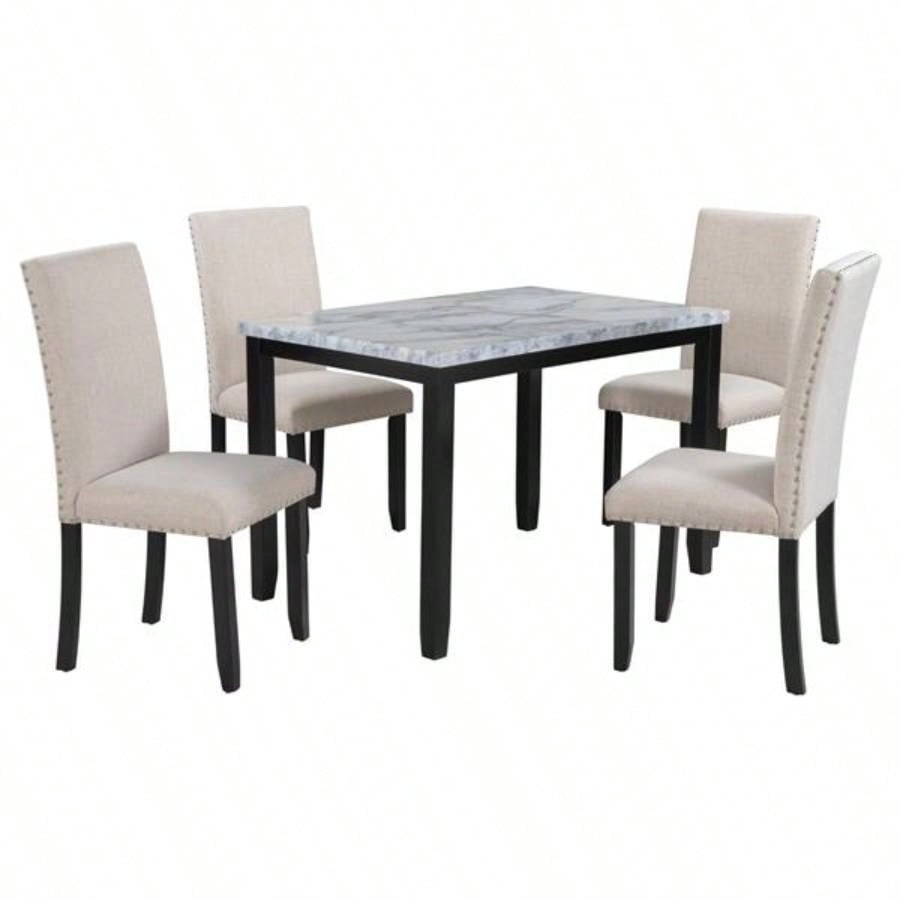 Faux Marble 5 - Piece Dining Set Table with 4 Thicken Cushion Dining Chairs Home Furniture, White/Beige+Black