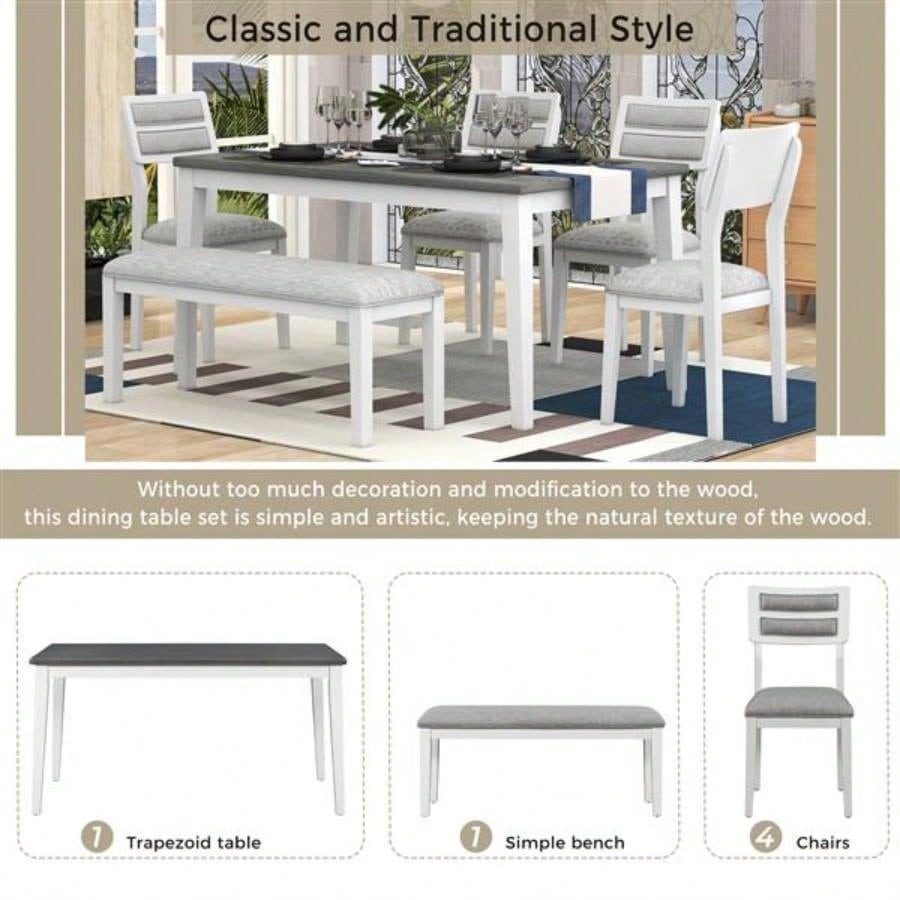 Classic and Traditional Style 6 - Piece Dining Set, Includes Dining Table, 4 Upholstered Chairs White+Gray