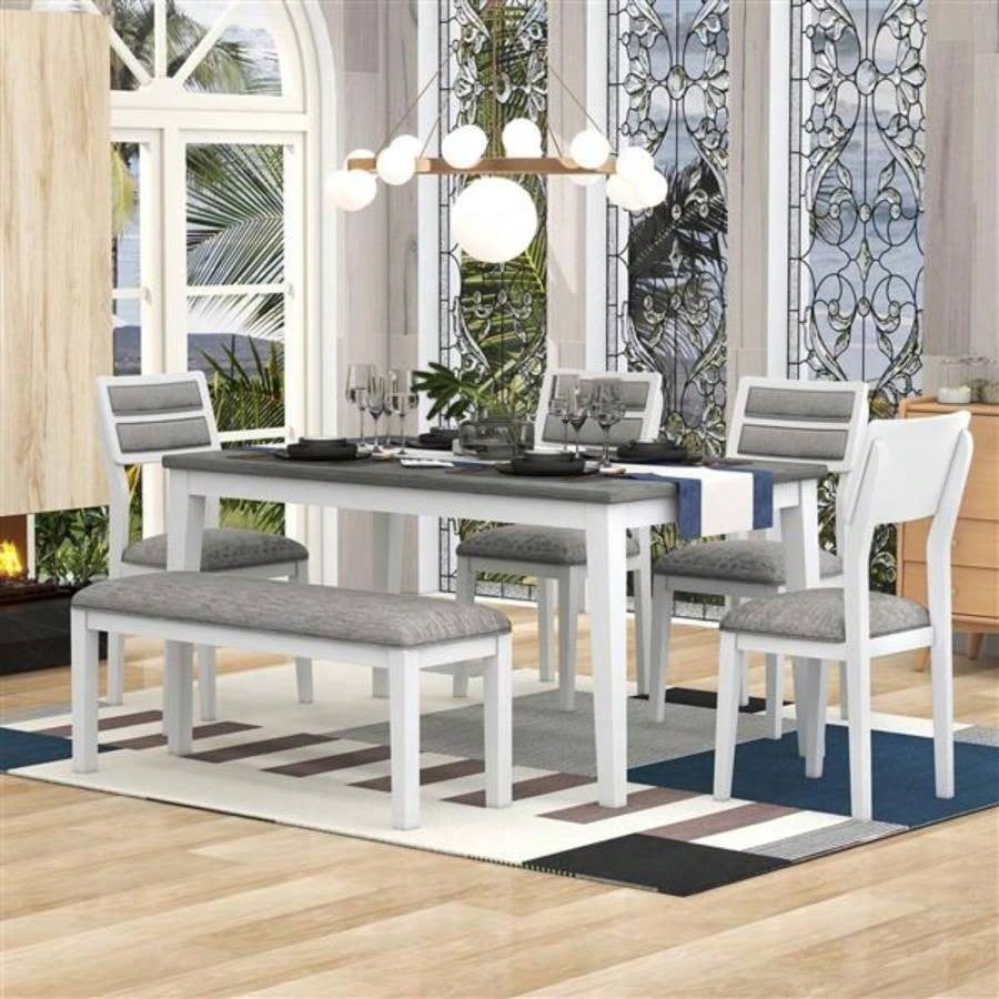 Classic and Traditional Style 6 - Piece Dining Set, Includes Dining Table, 4 Upholstered Chairs White+Gray