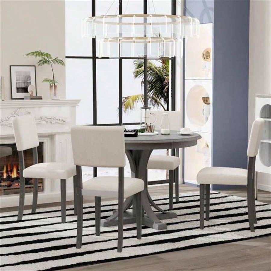 5 - Piece Retro Round Dining Table Set with Curved Trestle Style Table and 4 Upholstered Chairs Dining Room Dark Gray