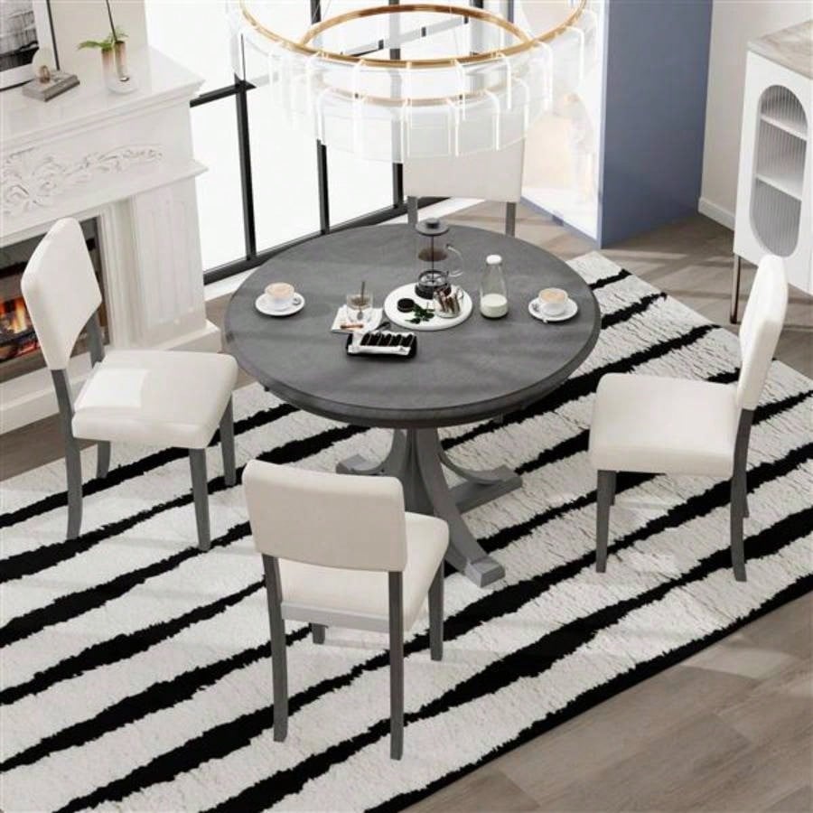 5 - Piece Retro Round Dining Table Set with Curved Trestle Style Table and 4 Upholstered Chairs Dining Room Dark Gray