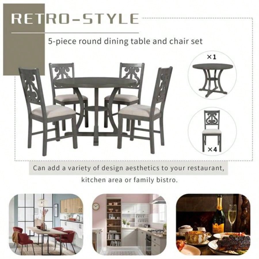 5 - Piece Round Dining Table and Chair Set with Special - shaped and an Exquisitely Designed Hollow Chair Back Dining Room Gray