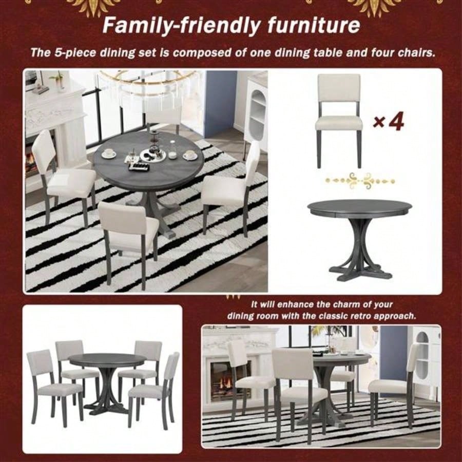 5 - Piece Retro Round Dining Table Set with Curved Trestle Style Table and 4 Upholstered Chairs Dining Room Dark Gray