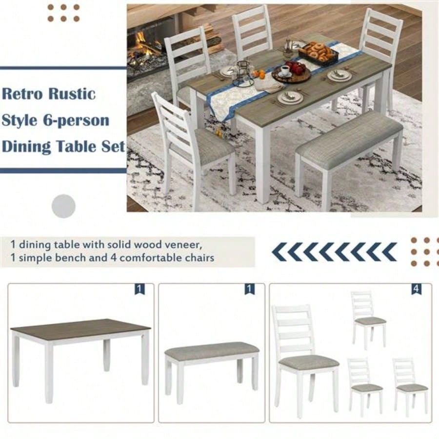 Rustic Style 6 - Piece Dining Room Table Set with 4 Upholstered Chairs a Brown+ Whitewash