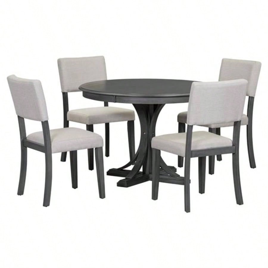 5 - Piece Retro Round Dining Table Set with Curved Trestle Style Table and 4 Upholstered Chairs Dining Room Dark Gray